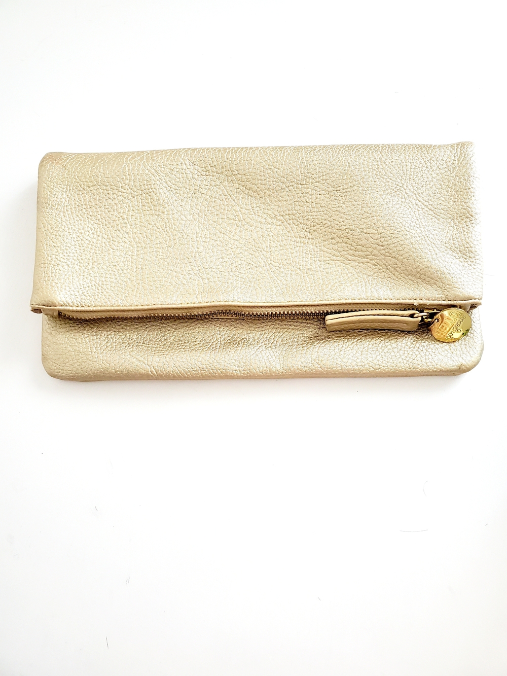 Gold Leather Fold-Over Clutch with Zip Accent